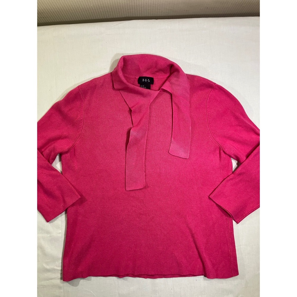R.Q.T. Hot Pink Ribbed Tie Neck Sweater Womens Small 3/4 Sleeve Fuchsia Knit Top